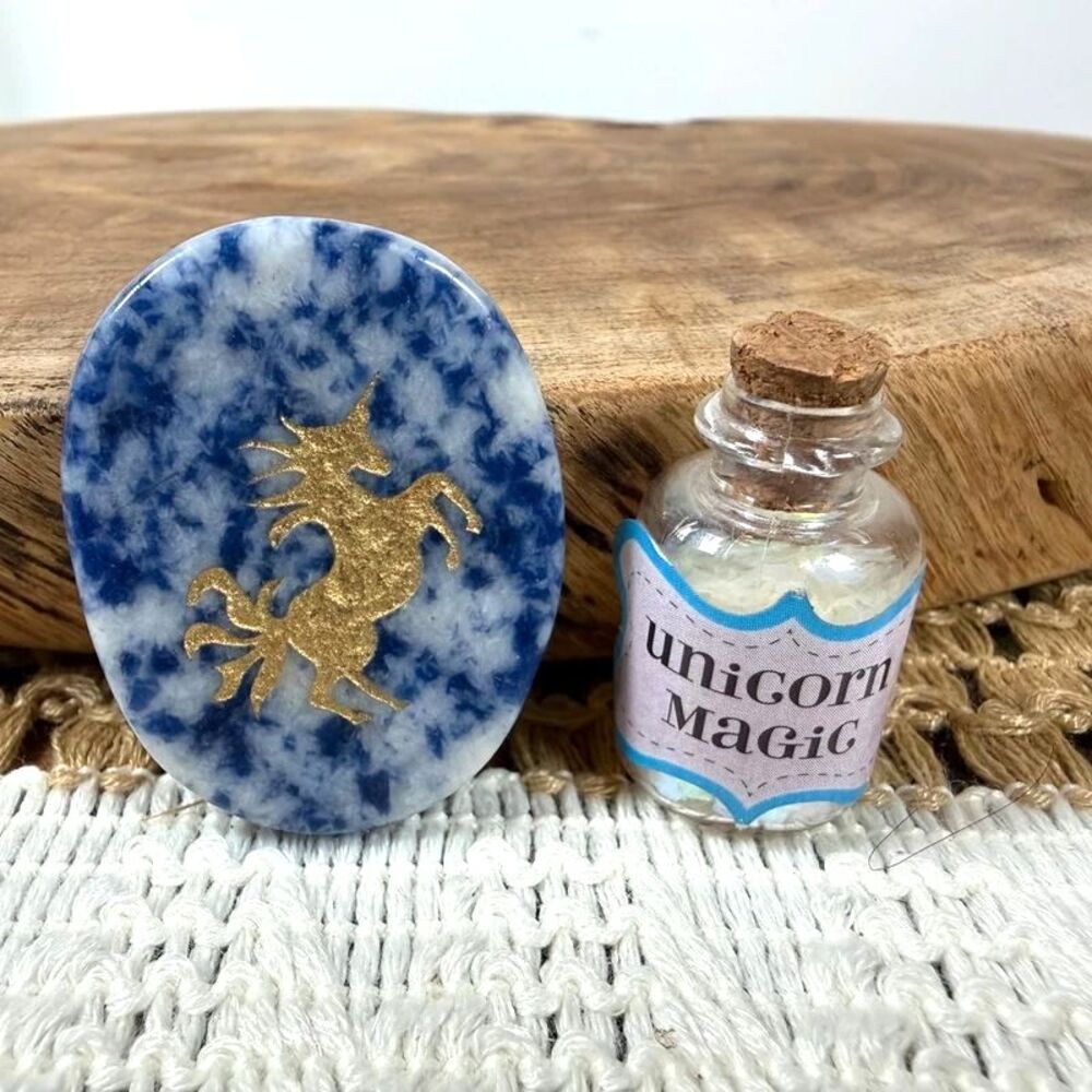 Magical Unicorn Sodalite Crystal Pocket Stone & "Unicorn Magic" Vial Set
